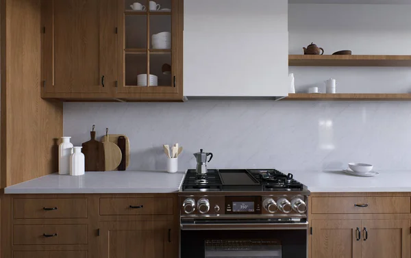 宽敞的木制厨房 白色大理石 3D渲染 有抽油烟机盖和厨房用具的烧烤炉 厨房里的木制架子 — 图库照片