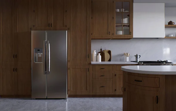 Ευρύχωρη Ξύλινη Κουζίνα Λευκό Μάρμαρο Απόδοση Ένα Δίθυρο Επιχρωμιωμένο Ψυγείο — Φωτογραφία Αρχείου