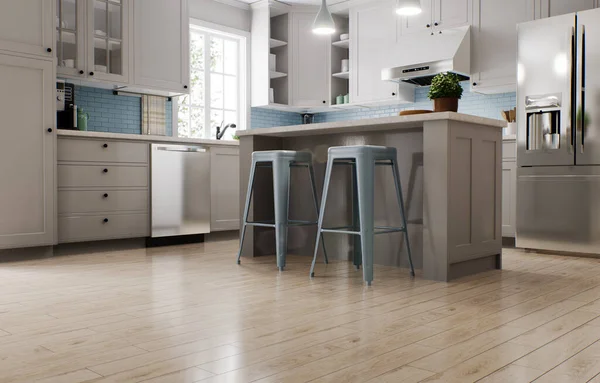 宽敞明亮的厨房 有蓝色围裙和蓝色椅子 3D渲染 在白色厨房里的洗碗机和其他器具 — 图库照片