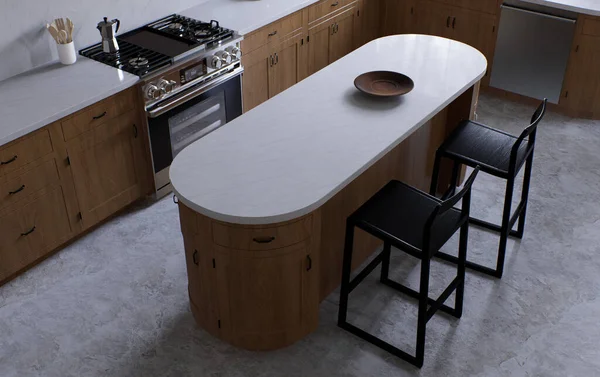 宽敞的木制厨房 白色大理石 3D渲染 厨房与圆形的岛屿和黑色的木制酒吧凳子 厨房里有器具和器皿 — 图库照片