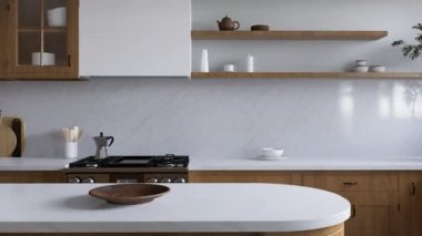 Geniş ahşap mutfak ve beyaz mermer. 3D animasyon. Ahşap çekmeceleri, cepheleri, mutfak gereçleri ve aletleri olan mutfak alanı..