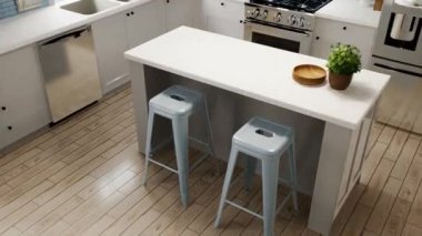 Geniş, parlak bir mutfak, mavi önlük ve mavi sandalyeler. 3D animasyon. Beyaz bir mutfakta bulaşıkçı ve diğer aletler..