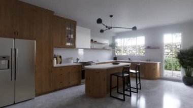 Geniş ahşap mutfak ve beyaz mermer. 3D görüntüleme. Yuvarlak adalı mutfak ve siyah ahşap bar tabureleri. Aletler ve çatal bıçaklarla dolu mutfak..