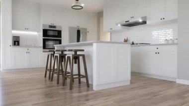 Büyük beyaz mutfak, ada, büyük ahşap bar taburesi ve gerekli tüm aletler. 3D animasyon. Beyaz çekmeceli mutfak, mutfak aletleri ve beyaz mermer..