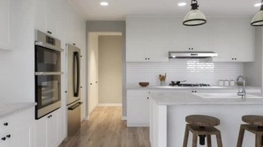 Büyük beyaz mutfak, ada, büyük ahşap bar taburesi ve gerekli tüm aletler. 3D animasyon. Beyaz çekmeceli mutfak, mutfak aletleri ve beyaz mermer..