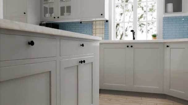 宽敞明亮的厨房 有蓝色围裙和蓝色椅子 3D动画 在白色厨房里的洗碗机和其他器具 — 图库视频影像