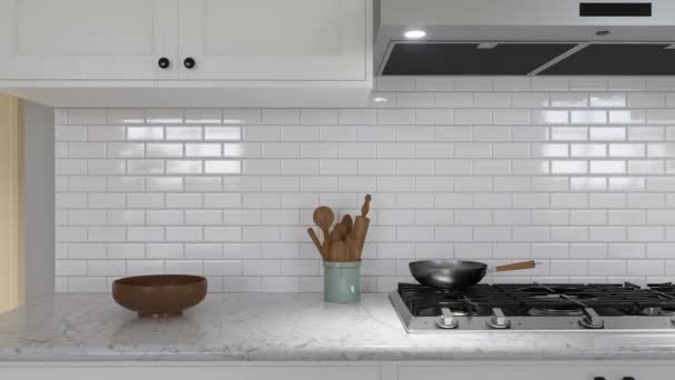 Große Weiße Küche Mit Notwendigen Geräten Darstellung Küchenarbeitsplatz Mit Herd — Stockvideo