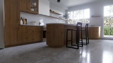 Geniş ahşap mutfak ve beyaz mermer. 3D görüntüleme. Yuvarlak adalı mutfak ve siyah ahşap bar tabureleri. Aletler ve çatal bıçaklarla dolu mutfak..