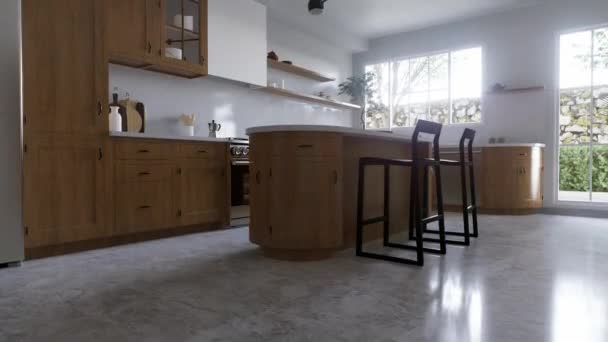 宽敞的木制厨房 白色大理石 3D渲染 厨房与圆形的岛屿和黑色的木制酒吧凳子 厨房里有器具和器皿 — 图库视频影像