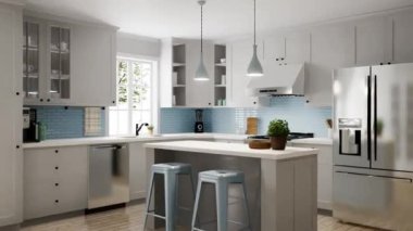 Geniş, parlak bir mutfak, mavi önlük ve mavi sandalyeler. 3D animasyon. Beyaz bir mutfakta bulaşıkçı ve diğer aletler..