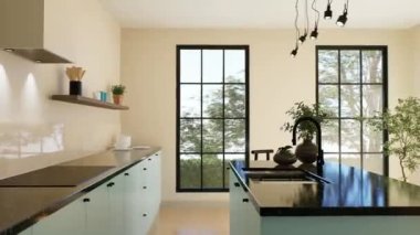 Günışığı ve koyu aksanlı modern ferah parlak mutfak. 3 boyutlu görselleştirme. Asgari cepheli yeşil bir mutfak, siyah bar tabureleri, çekmeceleri ve mutfak aletleriyle dolu bir ada..