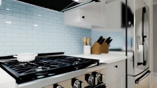 Просторная Светлая Кухня Голубым Фартуком Синими Стульями Анимация Посудомоечная Машина — стоковое видео