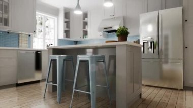 Geniş, parlak bir mutfak, mavi önlük ve mavi sandalyeler. 3D animasyon. Beyaz bir mutfakta bulaşıkçı ve diğer aletler..