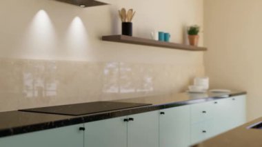 Günışığı ve koyu aksanlı modern ferah parlak mutfak. 3 boyutlu görselleştirme. Asgari cepheli yeşil bir mutfak, siyah bar tabureleri, çekmeceleri ve mutfak aletleriyle dolu bir ada..