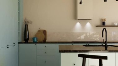 Günışığı ve koyu aksanlı modern ferah parlak mutfak. 3 boyutlu görselleştirme. Asgari cepheli yeşil bir mutfak, siyah bar tabureleri, çekmeceleri ve mutfak aletleriyle dolu bir ada..