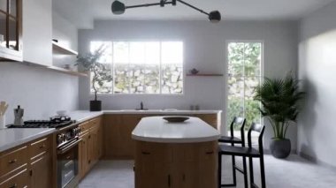 Geniş ahşap mutfak ve beyaz mermer. 3D görüntüleme. Yuvarlak adalı mutfak ve siyah ahşap bar tabureleri. Aletler ve çatal bıçaklarla dolu mutfak..