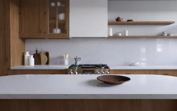 宽敞的木制厨房 白色大理石 3D渲染 一个干净的厨房表面 后面的器具和厨房用具 — 图库照片