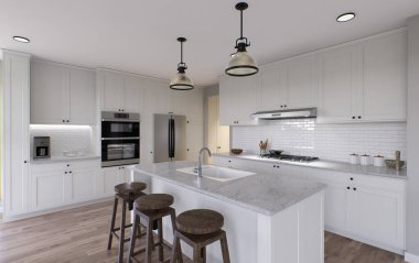 Ada ve gerekli tüm aletlerle dolu büyük beyaz bir mutfak. 3D görüntüleme. Ahşap bar tabureleri, adanın üstünde avize, büyük dolaplar..