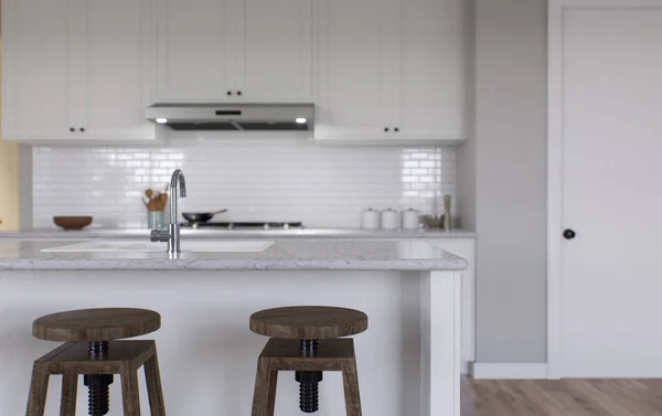 Grote Witte Keuken Met Eiland Alle Benodigde Apparatuur Weergave Nadruk — Stockfoto