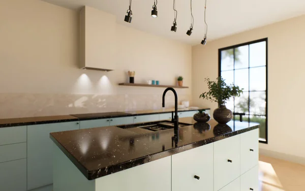 现代宽敞明亮的厨房 有阳光和深色的口音 3D可视化 一个绿色厨房 正面最小 黑色的酒吧凳子 一个有抽屉和厨房用具的岛 — 图库照片