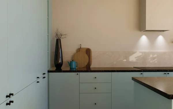 Moderne Ruime Lichte Keuken Met Zonlicht Donkere Accenten Visualisatie Een — Stockfoto