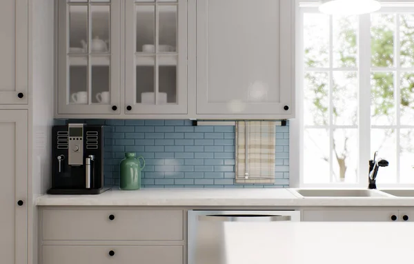 Ruime Lichte Keuken Met Een Blauwe Splashback Metalen Blauwe Barkrukken — Stockfoto