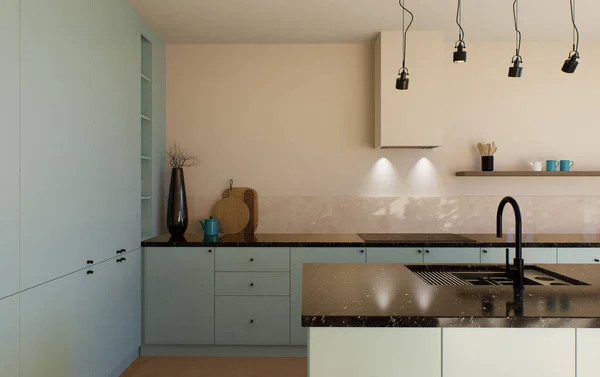 Moderní Prostorná Světlá Kuchyň Slunečním Světlem Tmavými Akcenty Vizualizace Zelená — Stock fotografie