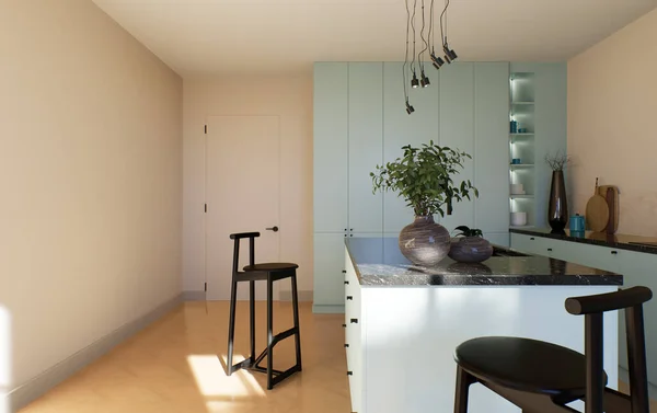 现代宽敞明亮的厨房 有阳光和深色的口音 3D可视化 一个绿色厨房 正面最小 黑色的酒吧凳子 一个有抽屉和厨房用具的岛 — 图库照片