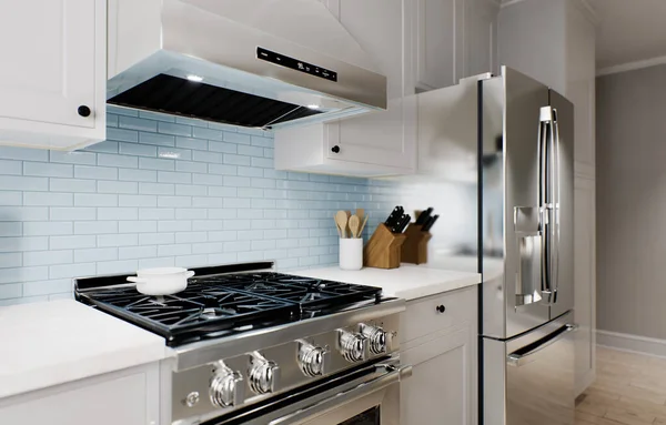 Ruime Lichte Keuken Met Een Blauwe Splashback Metalen Blauwe Barkrukken — Stockfoto