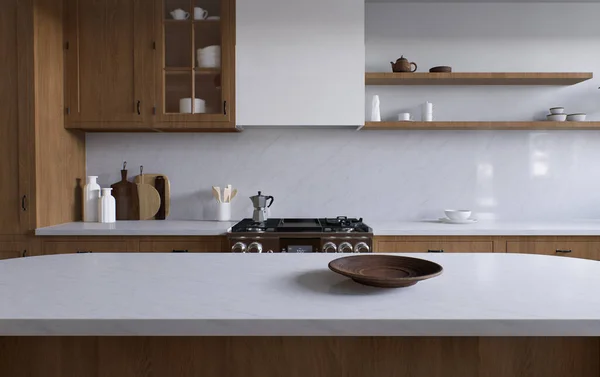 白い大理石の広々とした木製のキッチン 3Dレンダリング 背景には清潔なキッチン面 家電製品 キッチン用品 — ストック写真