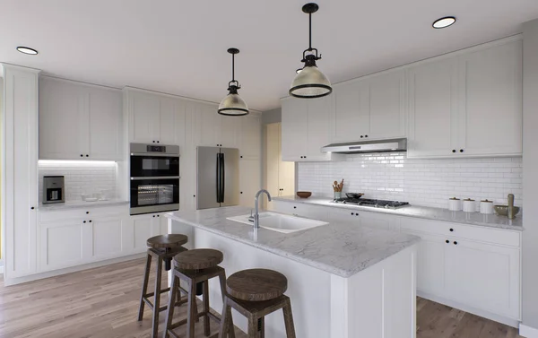Grote Witte Keuken Met Eiland Alle Benodigde Apparatuur Weergave Houten — Stockfoto