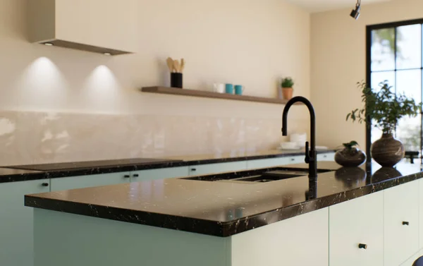 Moderne Ruime Lichte Keuken Met Zonlicht Donkere Accenten Weergave Keuken — Stockfoto