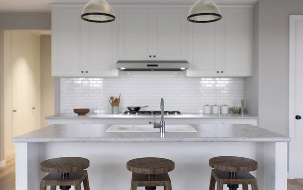 島と必要なすべての家電付きの大きな白いキッチン 3Dレンダリング 塗装された白いキャビネットと明るいキッチン — ストック写真