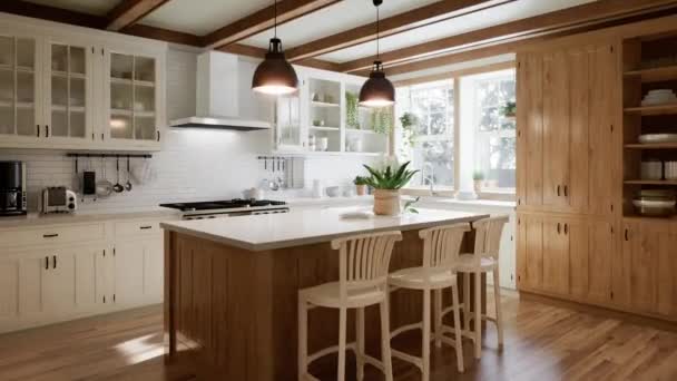 Interiorul Unei Bucătării Mari Formă Față Din Lemn Insulă Mare — Videoclip de stoc