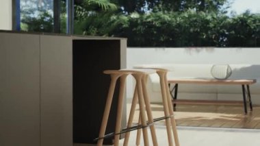 İç mekanın 3 boyutlu görselleştirilmesi açık ve koyu renklerde sıkı bir minimalist tarzda yapılır. Büyük bir adası ve panoramik penceresi olan modern mutfak, yemek masası ve güzel bir ışık..