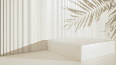 Ürün sunumu için stüdyo arka planı. Güneş ışığı ve duvarında yaprakların gölgesi olan boş bir oda. Kozmetik reklamları ve diğer ürünler için podyum. 3d oluşturma
