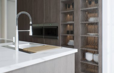 Mutfak minimalizmi. Büyük bir adası ve bar taburesi olan ahşap bir mutfak. Mermer kaplama ve ahşap tabanlı mutfak. 3d hazırlayıcı