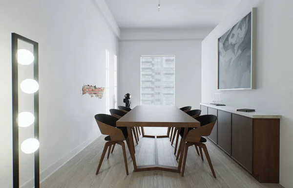 Interior Dengan Meja Besar Area Makan Pedalaman Bingkai Besar Dinding — Stok Foto