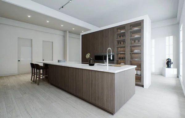 Kitchen Minimalism Wooden Kitchen Large Long Island Bar Stools Kitchen — Stock Photo, Image
