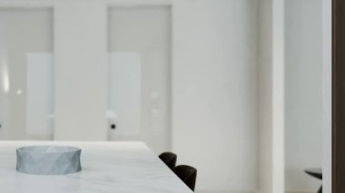 Mutfak minimalizmi. Mutfakta mermer tezgah, bir kâse ve mutfak aletlerine vurgu yapıyor. 3d canlandırma