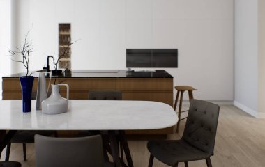 Ahşap bir adası olan hafif minimalist bir mutfak stüdyosunun içi. Bar taburesi ve geniş pencereli siyah mermer kapaklı mutfak. Adadaki siyah musluk ve soba. 3B görüntüleme