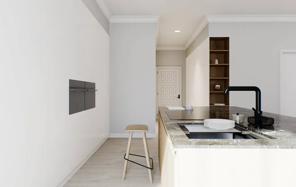 Het Interieur Van Een Licht Minimalistische Keuken Studio Met Een — Stockfoto