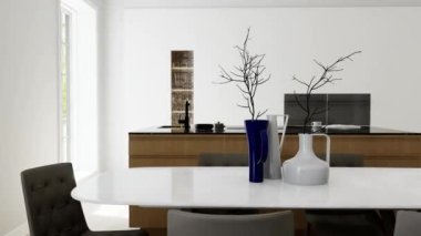 Ahşap bir adası olan hafif minimalist bir mutfak stüdyosunun içi. Bar taburesi ve geniş pencereli siyah mermer kapaklı mutfak. Adadaki siyah musluk ve soba. 3 Boyutlu Canlandırma