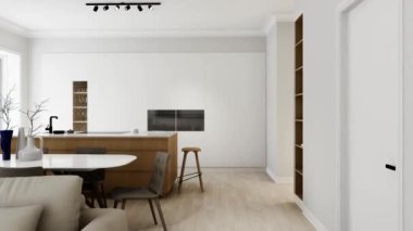 Ahşap bir adası olan hafif minimalist bir mutfak stüdyosunun içi. Bar taburesi ve geniş pencereli siyah mermer kapaklı mutfak. Adadaki siyah musluk ve soba. 3 Boyutlu Canlandırma