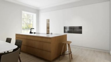 Ahşap bir adası olan hafif minimalist bir mutfak stüdyosunun içi. Bar taburesi ve geniş pencereli siyah mermer kapaklı mutfak. Adadaki siyah musluk ve soba. 3 Boyutlu Canlandırma