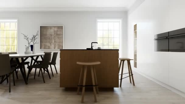 Interior Light Minimalist Kitchen Studio Wooden Island Kitchen Bar Stool — Stock Video