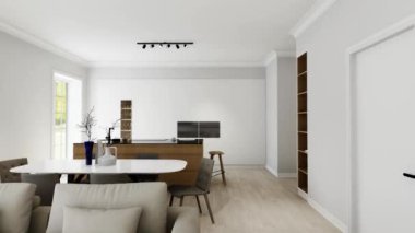 Ahşap bir adası olan hafif minimalist bir mutfak stüdyosunun içi. Bar taburesi ve geniş pencereli siyah mermer kapaklı mutfak. Adadaki siyah musluk ve soba. 3 Boyutlu Canlandırma