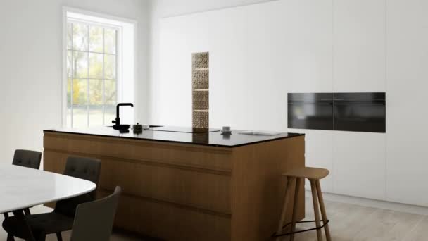 一个带有木制岛屿的简约的厨房工作室的内部 厨房与酒吧凳子和黑色大理石顶部与大窗户和器具 岛上的黑色水龙头和炉子 3D动画 — 图库视频影像
