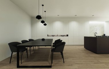 İç tasarım 3D görselleştirme katı bir minimalist tarzda yapılır. Geniş, aydınlık, minimalist bir mutfakta büyük, karanlık bir adası olan büyük bir yemek masası..