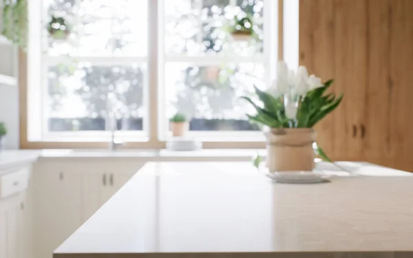 Close Marble Countertop Island Kitchen Blurred Background Kitchen Appliances Utensils — Stock Photo, Image